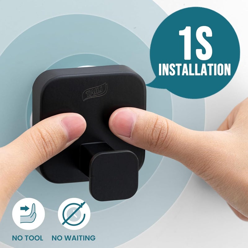 Taili 304 Stainless Steel Bathroom Suction Hook for Towel, Loofah, Bathrobe, Patented Strong Suction Cup, Damage-Free Hanging Glass Shower Wall Hook, Hold Up to 11 Lbs, 2 Pack, Modern Square, Black - Image 2